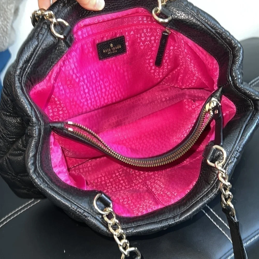 Black Kate Spade purse silver chain straps, pink interior